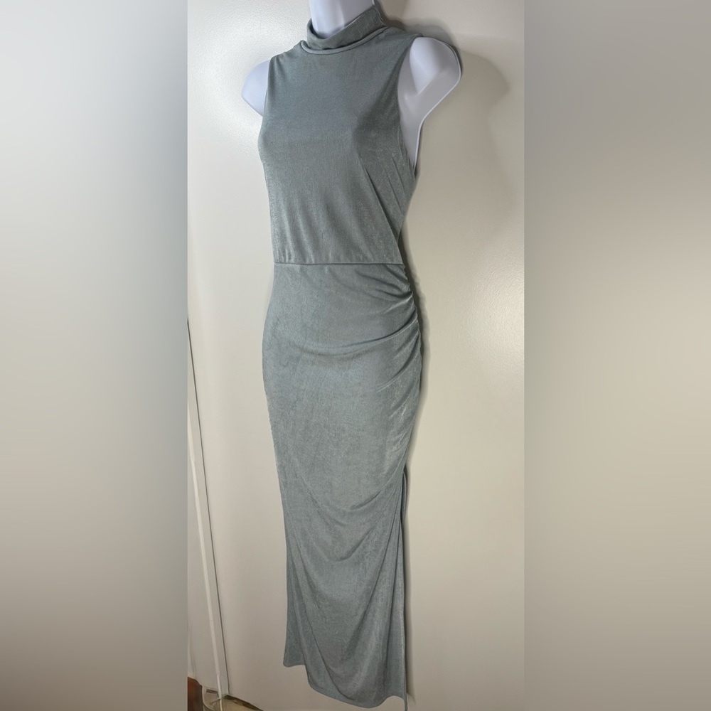 Dee Elly Elegant Mock Neck Silvery Blue Maxi Sleeveless Dress. Size XL. - Picture 4 of 8